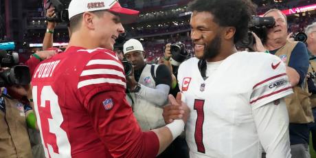 Brock Purdy and Kyler Murray shaking hands