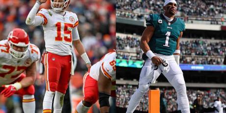 Mahomes and Hurts stacked photos side by side