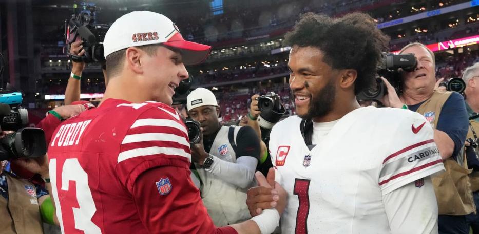 Brock Purdy and Kyler Murray shaking hands