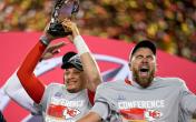 pat mahomes and travis kelce with lombardi trophy