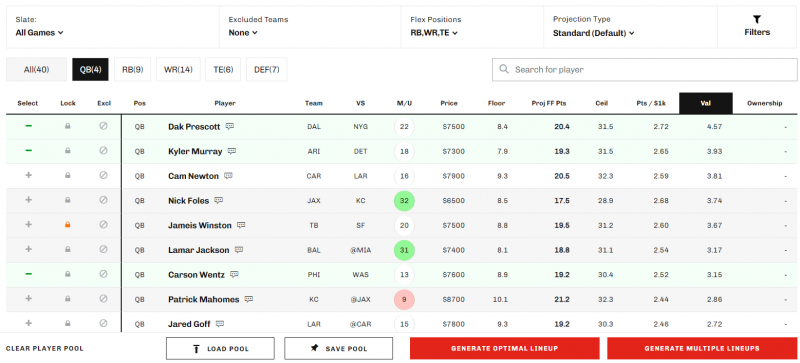 NFL DFS Lineup Optimizer (Generate Up To 500 Lineups)